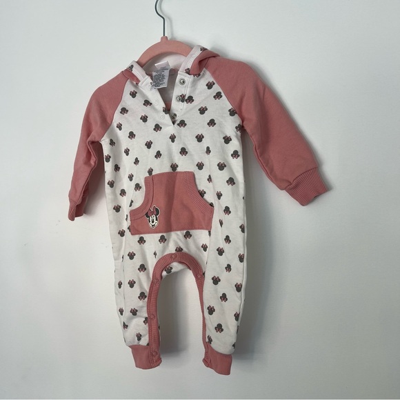 Disney Baby Minnie Mouse Ears Pink Bow Hoodie Footie 3-6M Cotton Blend One Piece - Picture 12 of 13